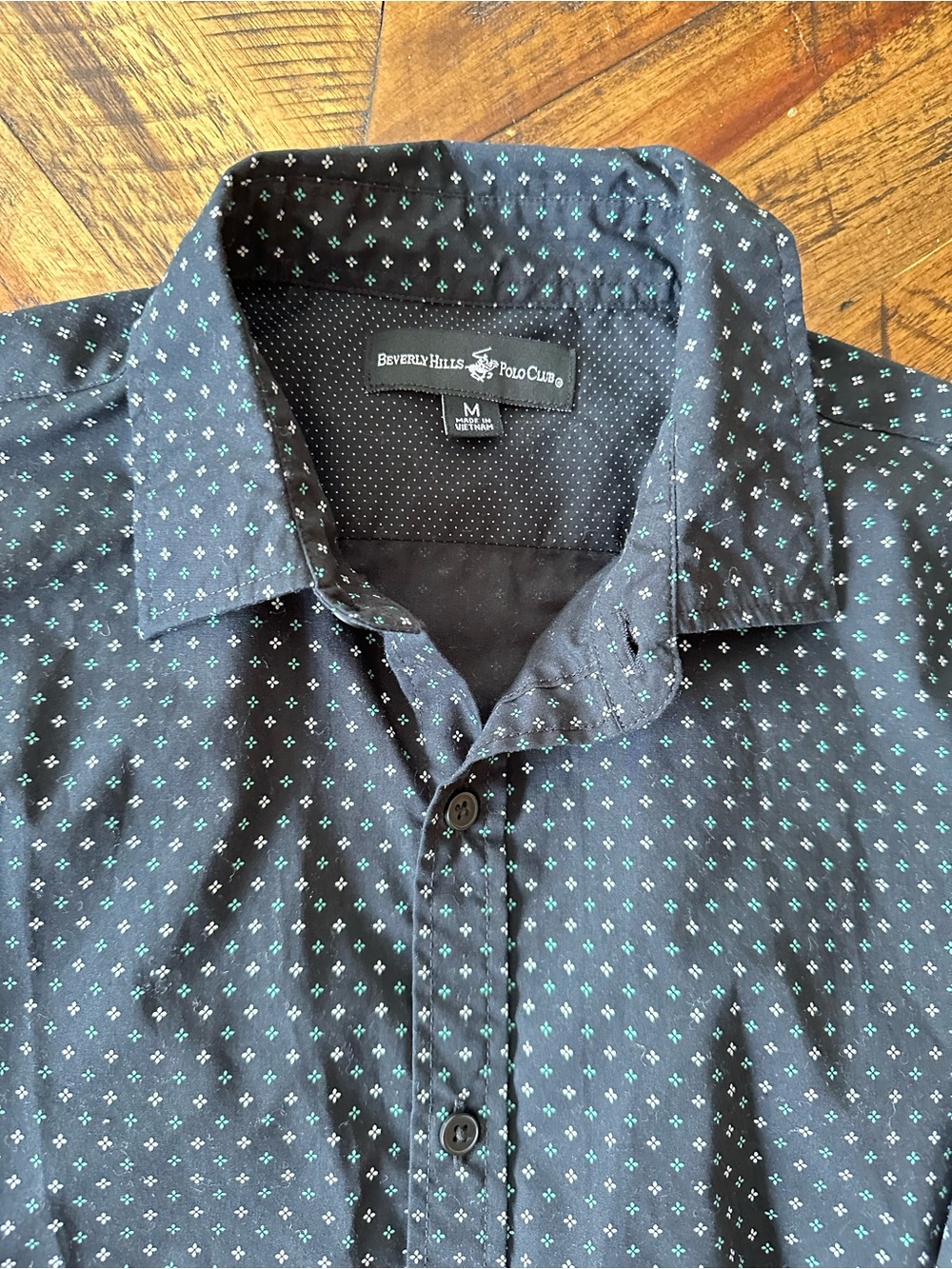 Beverly Hills Polo Club Men's Dark Navy Button-Down Shirt with Mint Micro Print